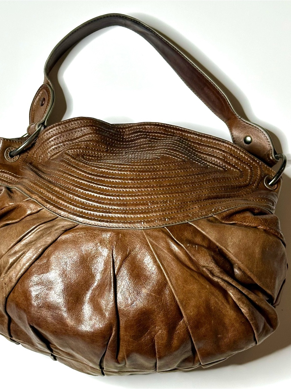 David & Scotti brown pleated leather hobo shoulder bag